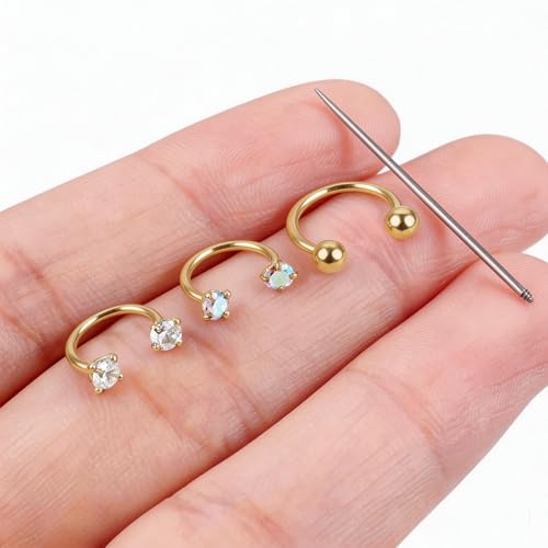 Titanium Horseshoe Nose Ring 20g, Gold Silver Nose Rings Hoops with Double CZ Gems Hypoallergenic Septum Ring for Women Men, Small Cartilage Helix Tragus Daith Labret Piercing Jewelry 7mm 8mm 9mm - color: Gold-Ball+CZ+AB