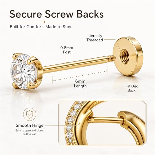Surgical Stainless Steel Stud Earrings Set for Women | Hypoallergenic, Sensitive Flat Back, Small Cute Hoop Earring Sets, Lobe Helix Cartilage Stacks, Multiple Piercing Jewelry - color: Gold