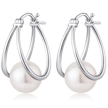 Pearl Earrings for Women Pearl Leverback Earrings 925 Sterling Silver - color: E01-white
