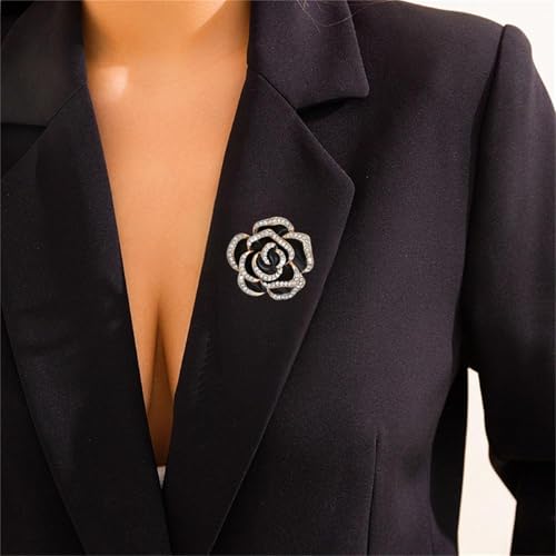 coadipress 4 Pcs Camellia Flower Brooch Pin for Women Ladies Crystal Rhinestone Black Red Floral Brooches Dress Clothing Accessory Wedding Party Birthday Jewelry - color: Black