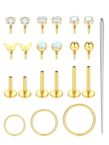 Oveta 16G 18G Flat Back Studs Earrings for Tragus Cartilage Piercing Jewelry, Surgical Steel Nose Rings Hoops 6/8/10mm, Silver/Gold - color: Gold, size: 18g*6/8/10mm bar, multiple stud top