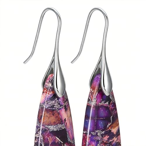 Boho Natural Imperial Jasper Teardrop Dangle Earrings for Women – Hypoallergenic French Hook Stone Drop Earrings Jewelry - color: Purple Silvery Hook