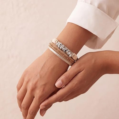 Edoneery Leather Wrap Bracelets for Women, Boho Layered Cuff Bangle | Multi-layer Leather Cuff, Daily wear, Stackable Bangle, Easy on-off, Western Jewelry Gifts for Women - color: Beige-2