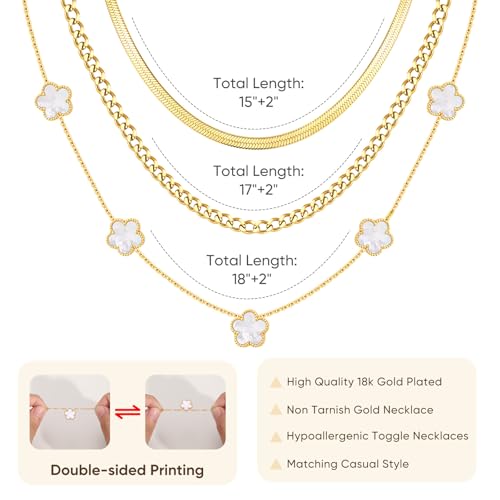 MPRAINBOW Gold Layered Necklace for Women - 3Pcs 18K Gold Plated Floral Necklaces, Stainless Steel Stackable Cuban Link Chain Non Tarnish Trendy Jewelry, Herringbone Chains Christmas Birthday Gifts - color: White