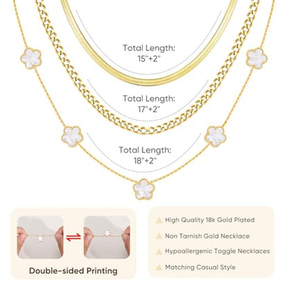 MPRAINBOW Gold Layered Necklace for Women - 3Pcs 18K Gold Plated Floral Necklaces, Stainless Steel Stackable Cuban Link Chain Non Tarnish Trendy Jewelry, Herringbone Chains Christmas Birthday Gifts - color: White