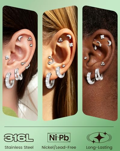 Nunpag 9 Pairs Hypoallergenic 14K Gold Plated Flat Back Earrings for Women Studs Earring Opal Ball Triangular Sun CZ Stones Hoop Earrings Stainless Steel Jewelry Gift for Sensitive Ears - color: 16Pcs-Silver