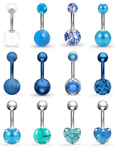 SCERRING Belly Button Rings 14G Stainless Steel Navel Belly Earring CZ Heart Opal Navel Ring Barbell Body Piercing Jewelry 12PCS - color: 12PCS - Blue