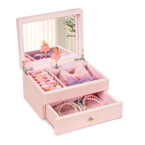 Miratino Music Jewelry Box Gifts for Girls, Wooden Kids Jewelry Boxes & Organizers with Spinning Dancer, Musical Jewelry Storage Gift for Little Girl Toddler Christmas Birthday New Year (Pink) - color: Pink, size: 2 Tier