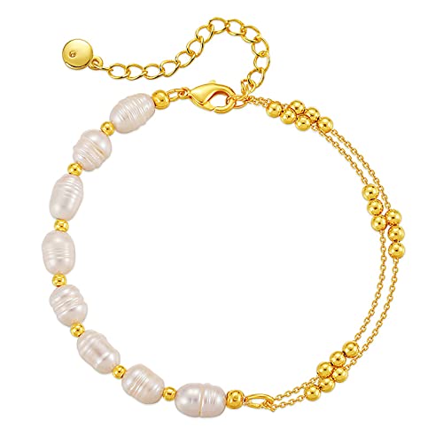 Dainty Gold Bracelets for Women, 18 Gold Plated Adjustable Evil Eye/Butterfly/Beaded/Pearl/Heart/Turquoise Handmade Bracelet for Women - style: Pearl and Gold Bead