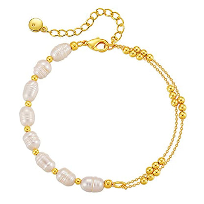 Dainty Gold Bracelets for Women, 18 Gold Plated Adjustable Evil Eye/Butterfly/Beaded/Pearl/Heart/Turquoise Handmade Bracelet for Women - style: Pearl and Gold Bead