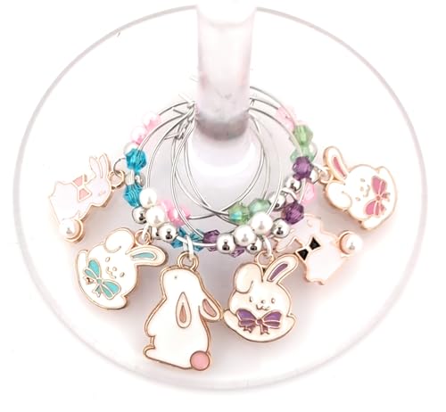 Pixie Easter Wine Charms – Set of 6 Bunny Rabbit Glass Markers, Easter Gifts, Spring Party Favors, Table Decor, Wine Glass Identifiers