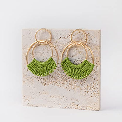 Raffia Hoop Earrings for Women Fun Boho Summer Beach Earrings Lightweight Handmade Straw Wicker Rattan Dangle Earrings Statement Geometric Round Drop Earrings - color: Green - Round