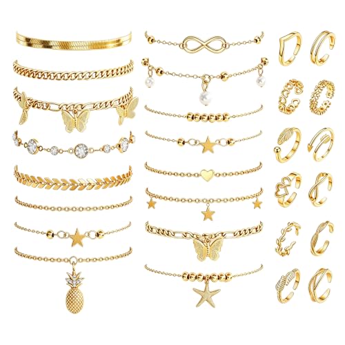 23 Pcs Ankle Bracelet and Toe Ring Set for Women Silver Gold Layered Anklets Foot Chains Adjustable Open Toe Rings Summer Foot Jewelry - style: 23G