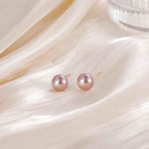EAMTI Pearl Earrings for Women Trendy 18K Gold Plated Sterling Silver Freshwater Cultured Pearl Stud Earrings Hypoallergenic 5.5-9.5MM - color: Pink-purple, size: 7.6-8.5mm