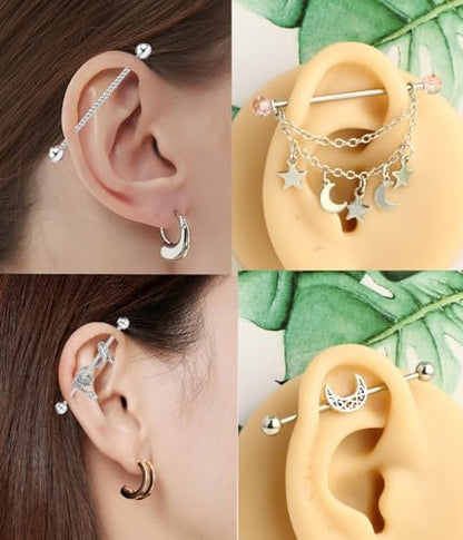 TIANCI FBYJS 7-16pcs 14G Stainless Steel Industrial Piercing Barbell Earring Cartilage Body Jewelry 38mm 1&1/2 Inch Industrial Piercing Bar for Women Men Snake Chain Dangle - color: mix 16pcs