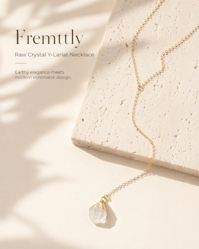 Lariat Necklace for Women Dainty Gold Long Crystal Drop Y-Shaped Necklace | 14k Gold Plated Crystal Drop Necklace Trendy Non Tarnish Simple Gold Jewelry For Wedding, Prom, Daily - color: Clear Quartz