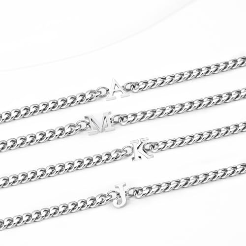 Initial Bracelet Matching Couple Bracelets Silver Letter A-Z Stainless Steel Cuban Link Chain Mens Bracelets Christmas Birthday Gifts for Men Women Him Teens Best Friends Husband Dad Son - color: K