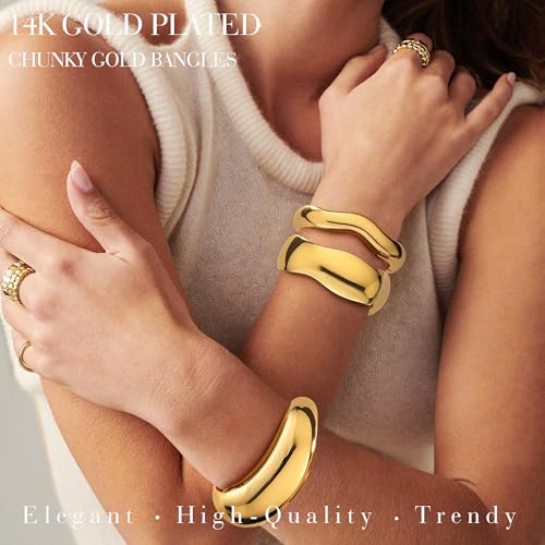 Honsny 2-3Pcs Chunky Gold Bangle Bracelets for Women Non Tarnish Stackable 14K Gold Plated Charm Cuff Bracelet Stack for Women Trendy Dainty Big Bangles Waterproof Jewelry Fashion Gifts