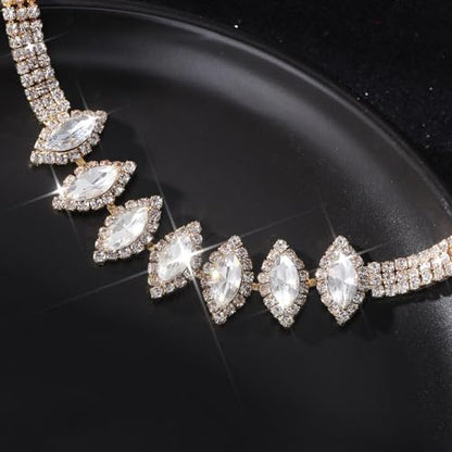 Unicra Bride Crystal Necklace Earrings Set Bridal Wedding Jewelry Sets Rhinestone Choker Necklace Prom Costume Jewelry Set for Women and Brides - color: E-3 Pack Gold Necklace Bracelet Earrings