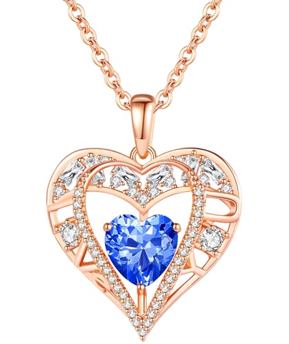 5 Heart I Love You Necklace for Women, Birthstone Crystal Pendant, Birthday Gift for Her, Wife, Mom, Rose Gold or Gunmetal Plated, 925 Sterling Silver Chain 18"+2" - color: 09-September-Sapphire Blue-Rose Gold Plated