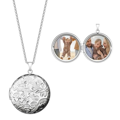 Locket Necklace for Women Girls, 18” Jewelry Chain, Picture Photo Inside, Cadenas para mujer, Personalized Custom Name Gold Locket, Customized Couples Locket, Silver, Rose Gold, Gold - color: Silver, style: 2 Photos Necklace