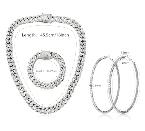 Luxval Tennis Necklace Set for Women Tennis Bracelets Diamond Earrings Sterling Silver Necklace Wedding Jewelry for Bride Silver Jewelry Sets for Women Gift - color: Silver-cuban hoop 3Pcs