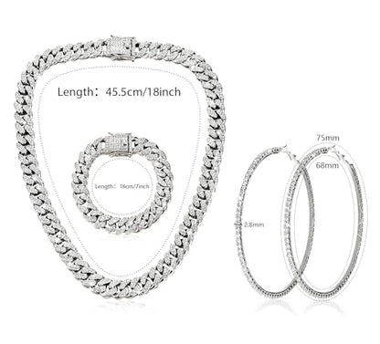 Luxval Tennis Necklace Set for Women Tennis Bracelets Diamond Earrings Sterling Silver Necklace Wedding Jewelry for Bride Silver Jewelry Sets for Women Gift - color: Silver-cuban hoop 3Pcs