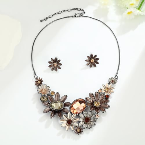 Chunky Statement Jewelry Set Vintage Retro Leaf Flower Floral Geometric Bohemian Boho Bib Necklace Earring Set Fashion Costume Jewelry for Women Girls Wedding Party Prom Unique Gift - style: sunflower crystal JS black brown
