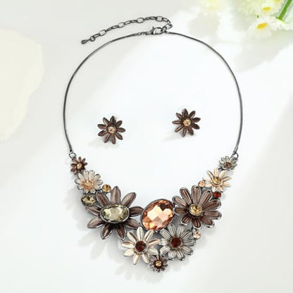 Chunky Statement Jewelry Set Vintage Retro Leaf Flower Floral Geometric Bohemian Boho Bib Necklace Earring Set Fashion Costume Jewelry for Women Girls Wedding Party Prom Unique Gift - style: sunflower crystal JS black brown