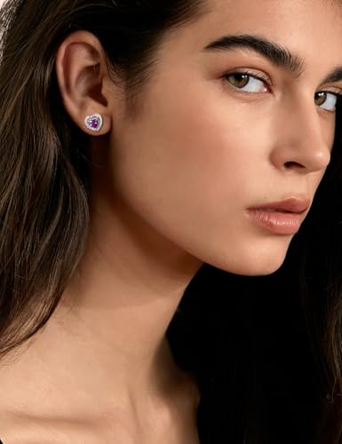 Dainty Birthstone Earrings for Women Sterling Silver Small Stud Earrings with Halo Cushion/Round Created Gemstone Earrings Birthstone Jewelry - style: C 02. Feb./created amethyst-heart shaped