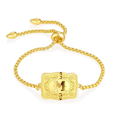 Belt Buckle Initial Bracelet for Women, 18K Gold/Silver Plated Belt Buckle Initial A-Z Bracelet, Unique Western Style Jewelry Gifts for Women Men - style: Gold-M