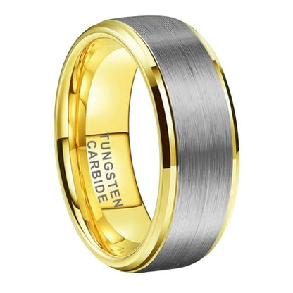 TUTISS 6mm 8mm Tungsten Rings for Men Women Fashion Engagement Wedding Bands Brushed Finish Stepped Beveled Edges Comfort Fit - color: 8mm Gold Tungsten Silver Top