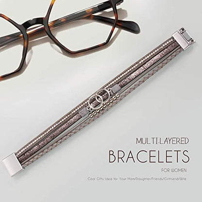 Bracelets for Women, Gifts for Mom Her Christmas Gift 2026 Leather Bracelets for Women Birthday Gift for Daughter Inspirational Wrap Bracelet Sister Friend Teen Girl Gift Layered Stocking Stuffers Jewelry - style: 1 To Bonus Daughter - Grey