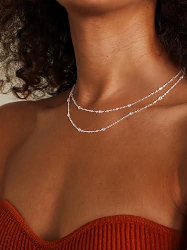 FOCALOOK Choker Necklace for Women, Double Layered Boho Beaded Choker Chain | Dainty 14K Gold Plated/Silver/Black Metal, Simple Small Satellite Beaded Chain Necklace, Hypoallergenic for Everyday Wear - color: 01.2-Layered Satellite Beads-Silver