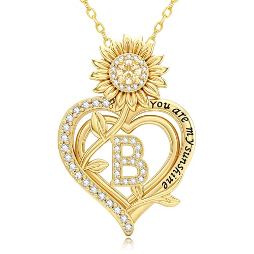 14K Gold Sunflower Initial Necklaces for Women | Heart Letter Pendant You Are My Sunshine Jewelry Gifts - style: B