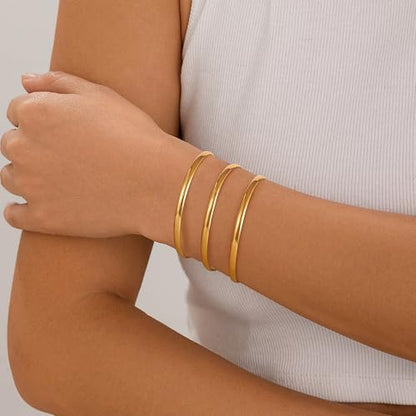 Awinesn 18K Gold Plated Bangles for Women Stainless Steel Glossy Stackable Thin Round Bracelets Solid Plain Polished Bangles Bracelets Set of 3 Jewelry for Women - size: 8.5 inches, style: wide-3-G