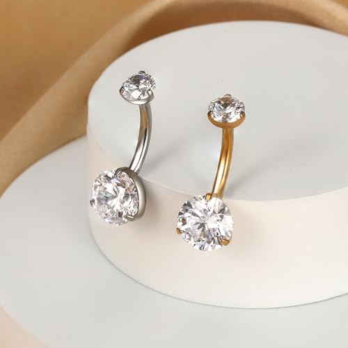 Gold Belly Button Ring, Titanium Dangle Floating Navel Piercing Jewelry - color: Gold-Rould CZ-10mm