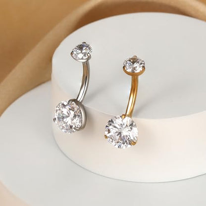 Gold Belly Button Ring, Titanium Dangle Floating Navel Piercing Jewelry - color: Silver-Round CZ-10mm