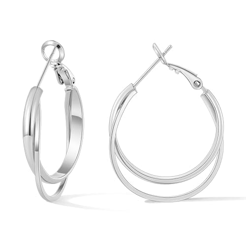 Gacimy Criss Cross Hoop Earrings for Women, 14K Gold Plated Hoops | Hypoallergenic 3mm Wide Double Layer Crossover Hoop Earrings with Lightweight Statement Design, Fashion Gift for Women - color: Silver, size: 25mm