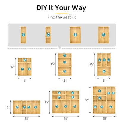 Vtopmart Bamboo Drawer Organizer Boxes - Set of 7 Multi-purpose Wooden Storage Dividers for Kitchen, Bathroom, Office, Desk, Makeup, Jewelry & More, Non-Slip Junk Drawer Organizer Trays for Storage - style: 7 Boxes
