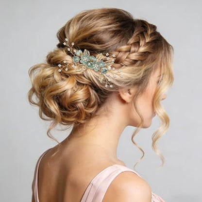 6 Pcs Bridal Hair Accessories French Hair Side Combs and Hair Pins,Gold Wedding Jewelry Headpiece with Rhinestone for Brides Bridesmaids Women Girls(Green Flower） - color: Green
