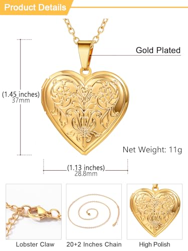 U7 Women Locket Necklace, Heart Photo Lockets Hold Picture, Gift Box Packed | Gold/Silver/Rose Locket Charm, Custom Picture and Engravement Heart Pendant, 20" Chain, Personalized Gift for Mom Wife Friend - color: 02# Gold*Flower Grain