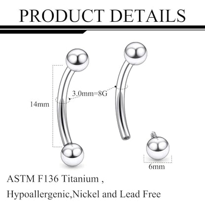 Ruifan 20g 18g 16g 14g 12g 8g 6g 4g 2g Rook Piercing Jewelry Titanium Internally Threaded Curved Barbell Eyebrow PA Tragus Helix Conch Lobe Earrings Lip Rings Body Piercing Jewelry For Women Men - size: 8G - 14mm Ball