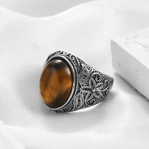 Retro Large Tiger Eye Stone Turquoise Wedding Ring For Men Classical Gothic Stainless Steel Rings - color: Silver-Coffee