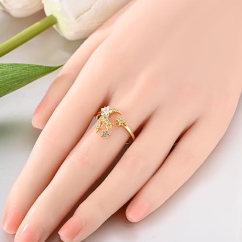 925 Sterling Silver Adjustable Rings for Women 14K Gold Plated Thumb Rings | Stackable Statement Eternity Rings Dainty Starfish Star Moon Heart Lucky Open Ring Trendy Jewelry Birthday Gifts for Ladies - color: 01Gold Star Moon Ring
