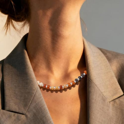 Colorful Beaded Choker Necklaces for Women | Large Natural Stone Bead, Boho Beach Necklace, Trendy Jewelry Gifts, 4 Style, 16+3 in - color: 01-Colorful-Brown