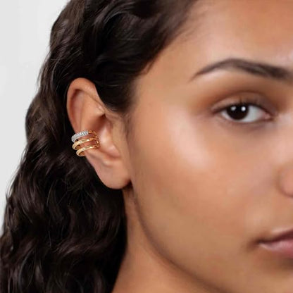 Gold Ear Cuff Earring for Women 14K Gold Plated Cubic Zirconia Non-Pierced Clip on Cartilage Chunky Ear Cuffs Hypoallergenic Jewelry - style: cz triple / pair
