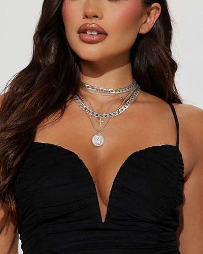MJartoria Layered Necklaces for Women Trendy Retro Coin Pendant | Dainty Chunky Chain, Choker Necklaces, Jewelry Birthday Gifts - color: Silvery, style: A-Y-Retro Coin-Cross-5 in 1 Layered