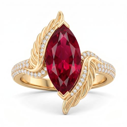 WSX Marquise Cut Gemstone Statement Ring for Women 10K 14K 18K Gold Vintage Feather Design Gemstone Promise Rings Jewelry Gifts - color: Ruby
