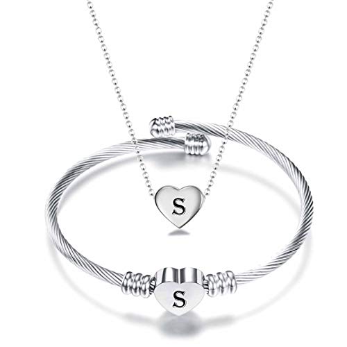 MYNENEY Necklace and Bracelet for Women Stainless Steel Initial Jewelry Set - color: Silver-S